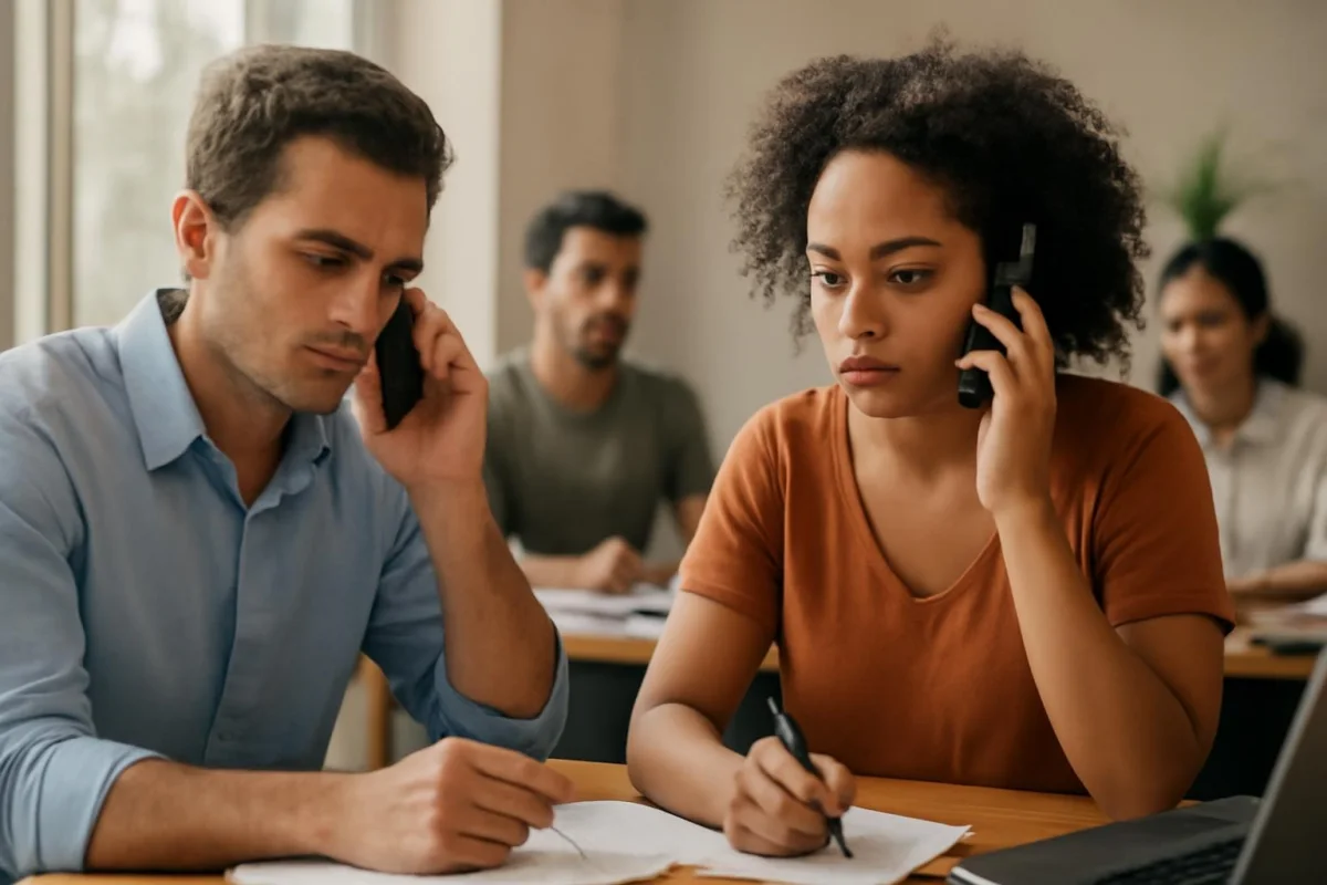 Equipe brasileira em escritório organizando cobranças escolares por telefone