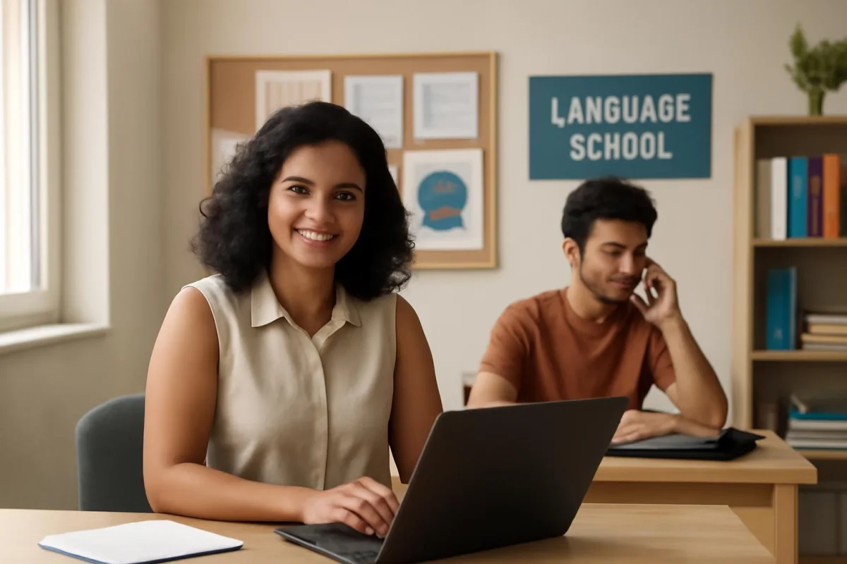 Coordenadora e atendente em escola de idiomas usando telefone e computador