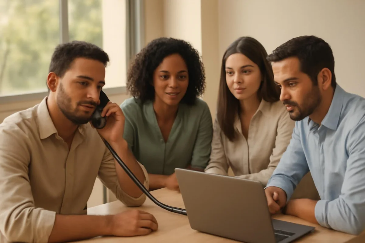 Equipe brasileira em escritório usando telefone e computador para atendimento de consórcio
