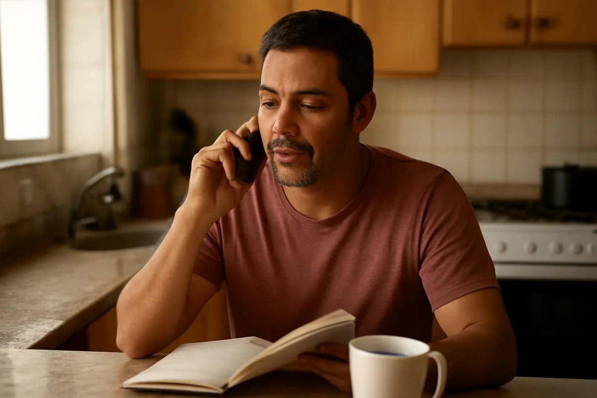Homem brasileiro conversa ao celular enquanto confere a agenda de papel na cozinha de casa