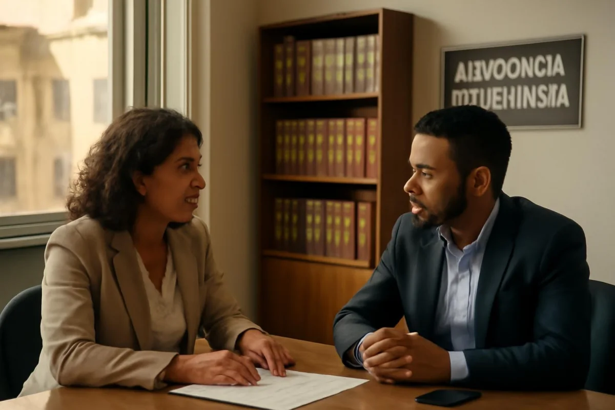 Advogados em escritório revisando uma ligação gravada e anotando observações