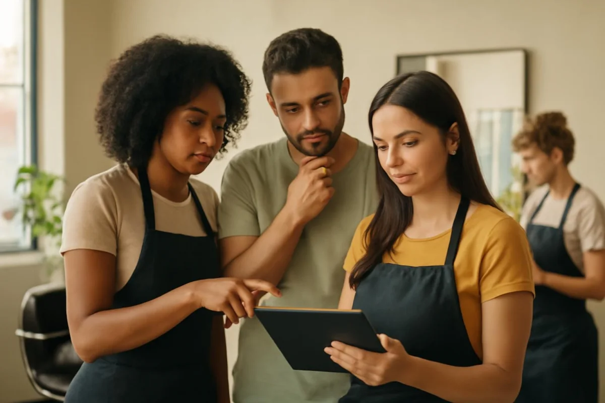 Equipe em salão de beleza organizando contatos e agenda em um tablet