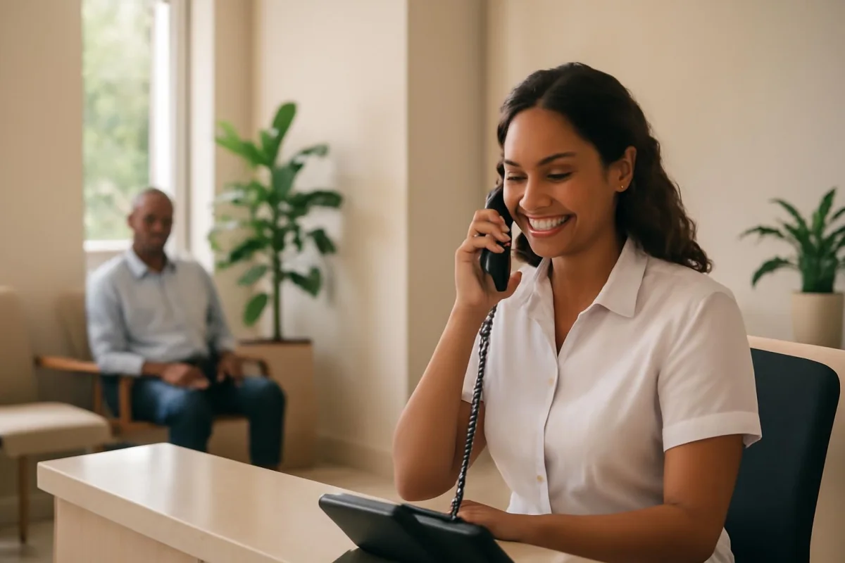 Recepcionista de clínica brasileira sorri ao telefone no balcão de atendimento