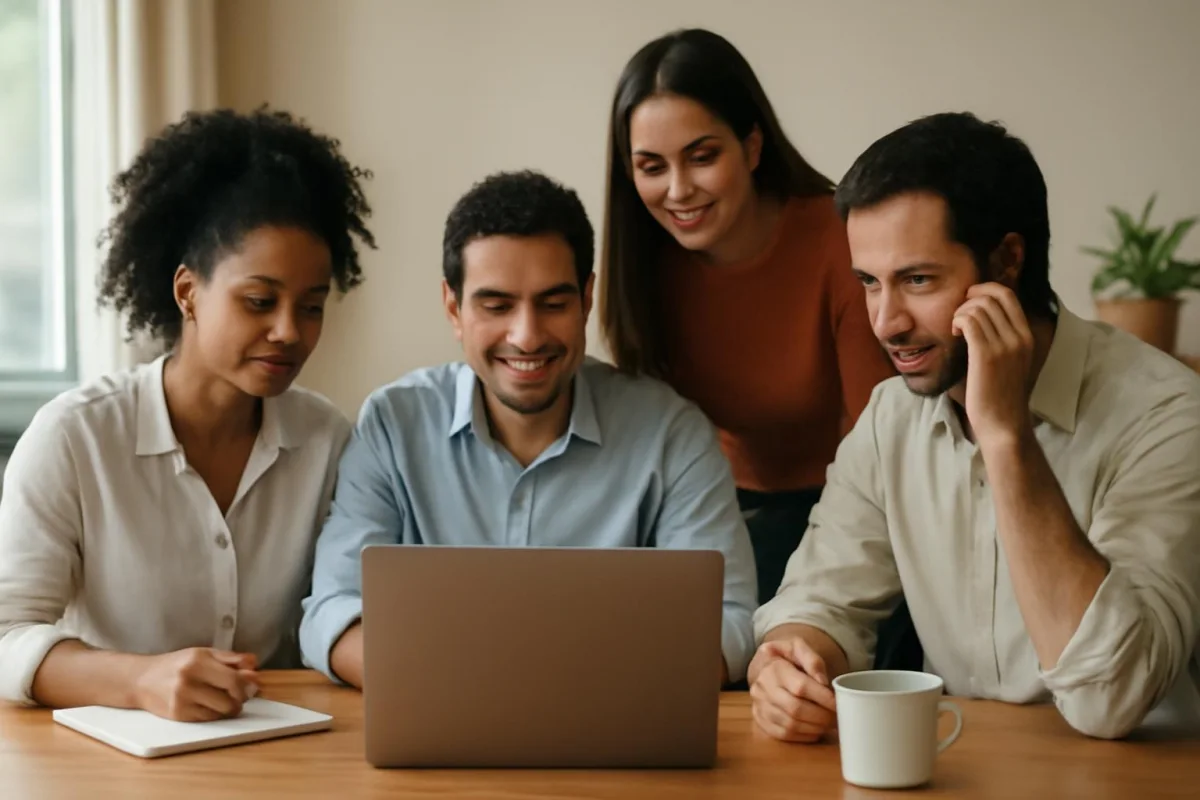 Equipe brasileira ajustando um roteiro de ligação para curso online em escritório