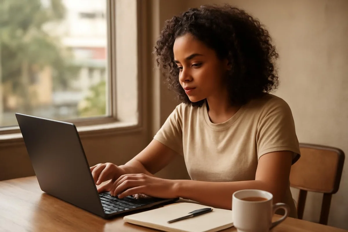Programadora brasileira trabalha no notebook em uma mesa com café e caderno de anotações