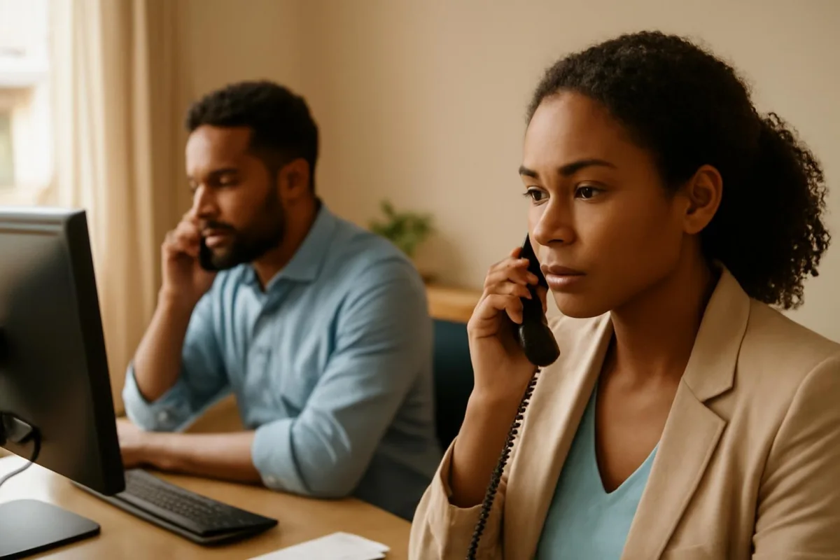 Profissionais em escritório falando ao telefone e organizando leads