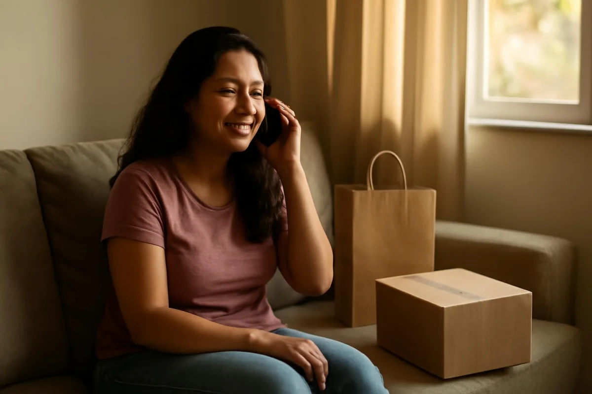 Mulher brasileira atende o celular sentada no sofá com uma sacola de compras ao lado