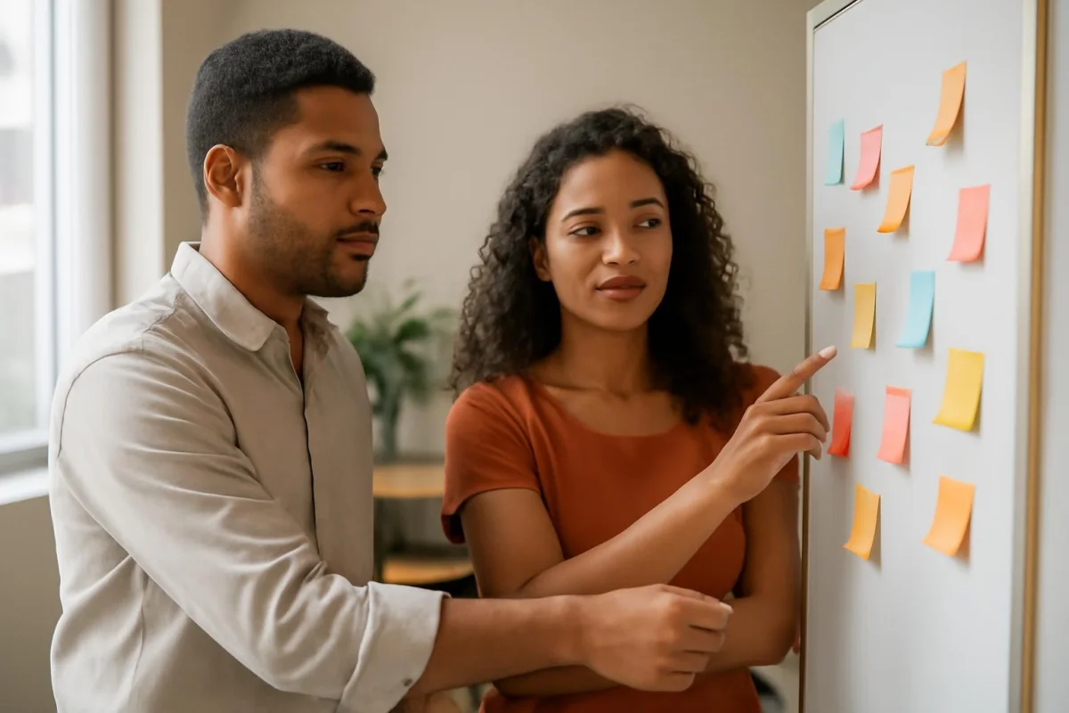 Equipe comercial brasileira organiza tarefas em um quadro com notas adesivas
