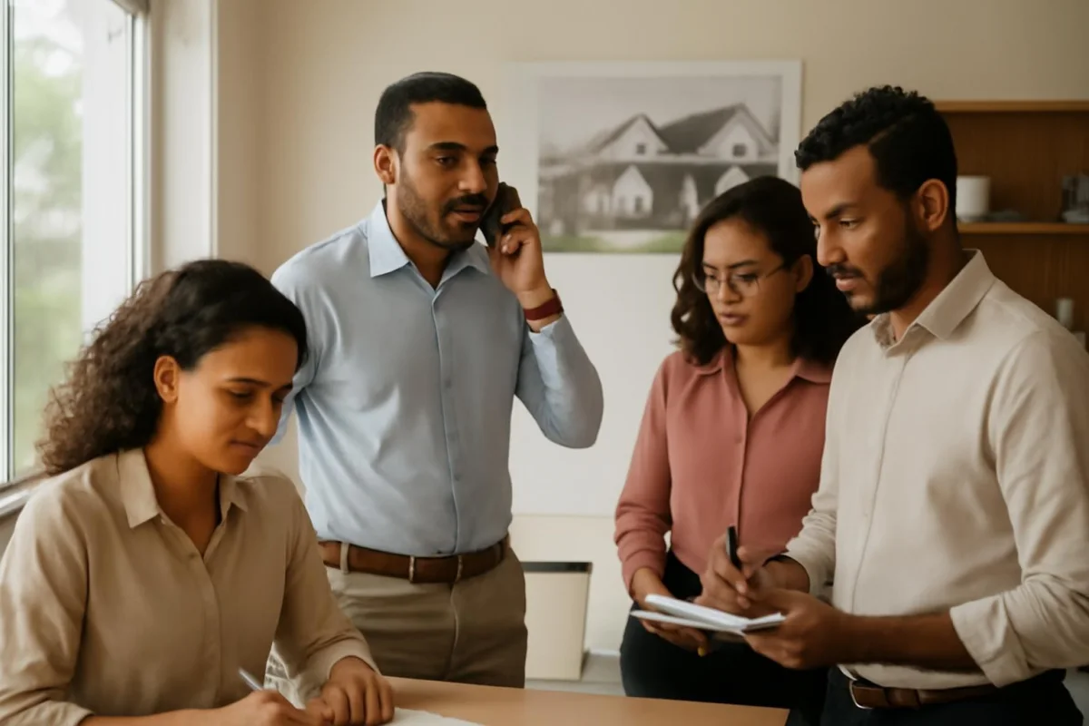Equipe de imobiliária em escritório, com corretor ao telefone e colega revisando o roteiro
