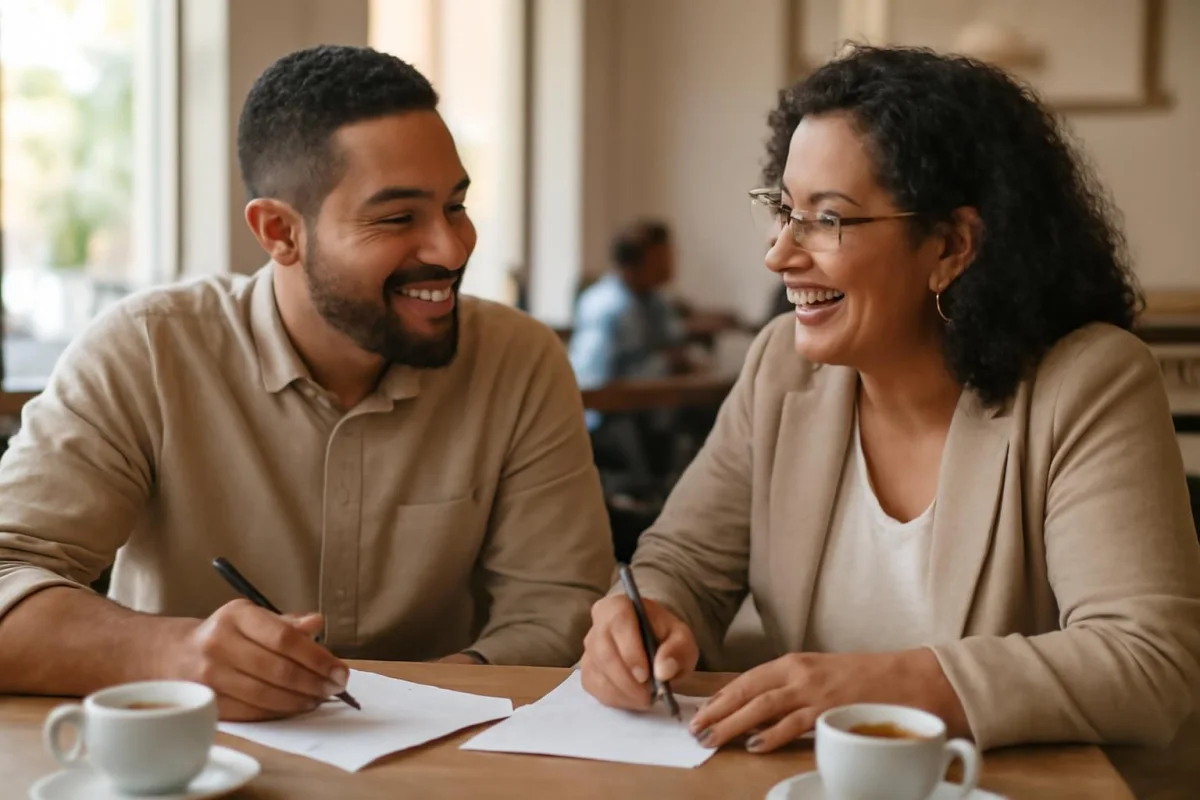 Dois profissionais brasileiros conversam e fazem anotações em uma mesa de café