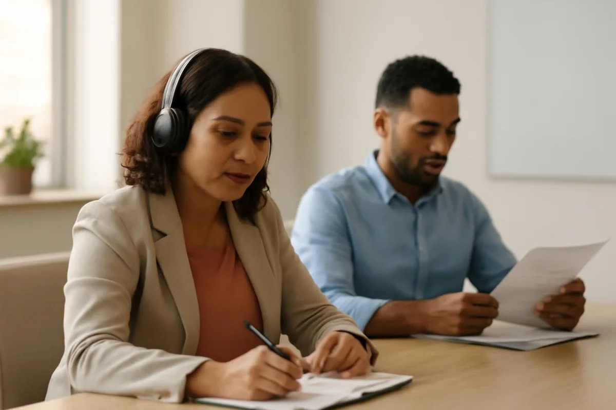 Gestora brasileira com fones de ouvido revisa conversas de atendimento em uma sala de reunião
