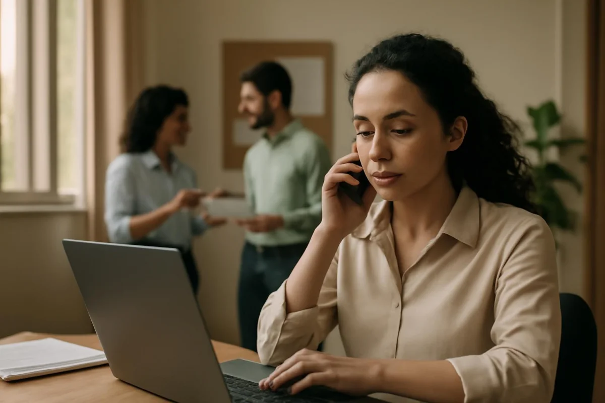 Recrutadora em escritório usando telefone para qualificação de candidatos